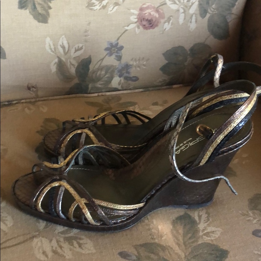 Gold and brown high heeled wedge sandal